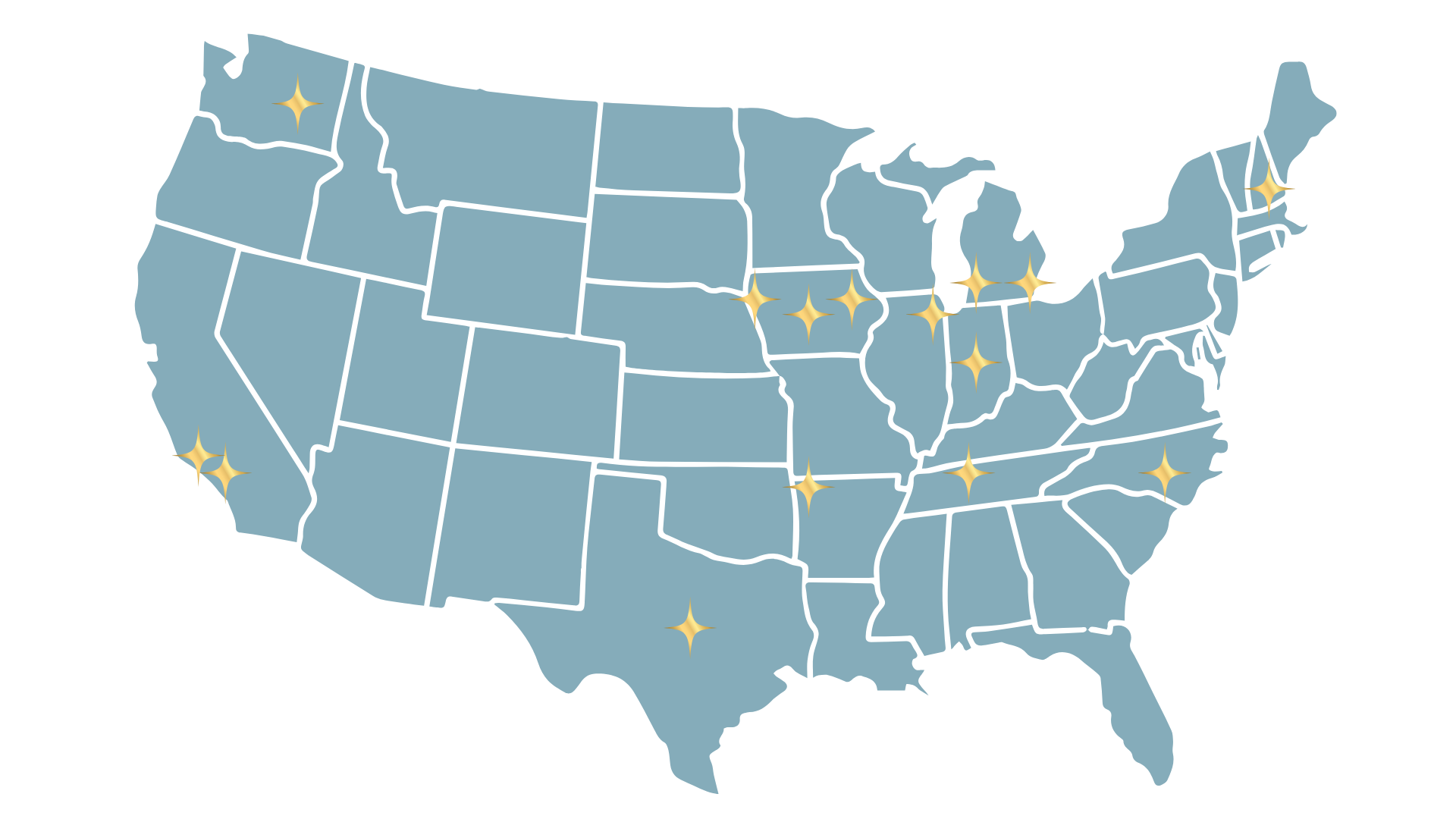 Author and speaker Kayla Craig's map of the United States highlighting major cities where Kayla Craig has recently spoken at conferences or events or retreats with star icons. The map is colored in blue with black borders.