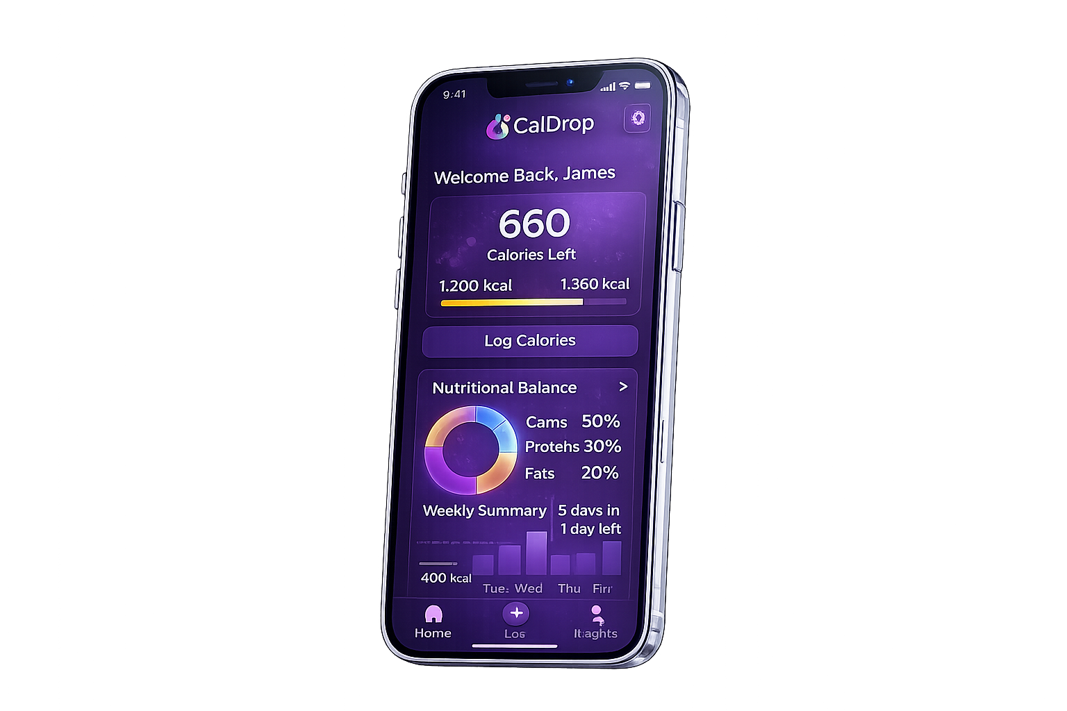Smartphone screen displaying a health app called CalDrop with information about calories left, nutritional balance, and weekly summary.