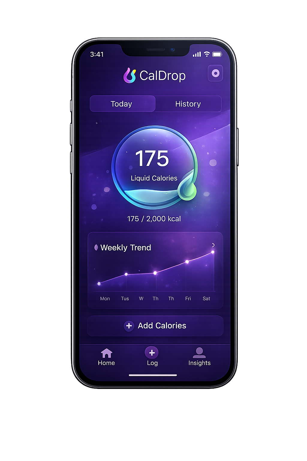 Smartphone displaying the CalDrop app with a purple theme, showing 175 liquid calories out of 2000 kcal, weekly trend graph, and navigation menu.