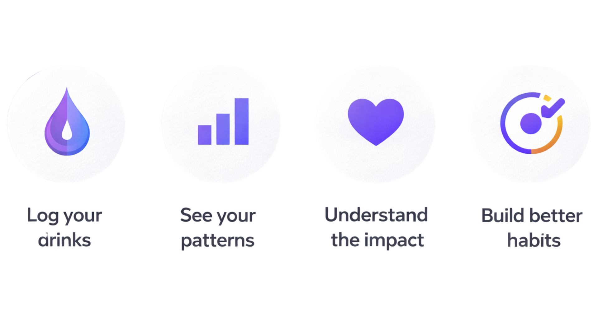 Four circular icons with descriptive text underneath. The first icon is a purple water droplet with a white background, labeled "Log your drinks." The second icon is a purple bar chart, labeled "See your patterns." The third icon is a purple heart, labeled "Understand the impact." The fourth icon is a circular graph with a check mark, labeled "Build better habits."
