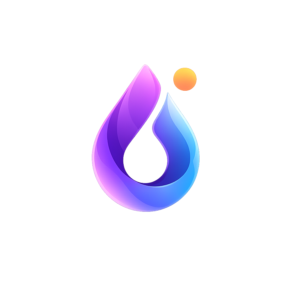 Digital abstract illustration with a purple and blue flame-like shape, a small orange circle, and layered pastel backgrounds in pink and light blue.
