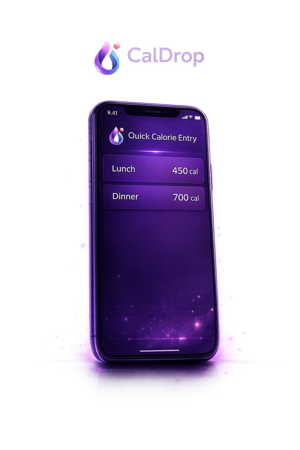 A smartphone displaying the CalDrop app, which tracks calorie intake for meals, titled 'Quick Calorie Entry,' with options for lunch 450 calories and dinner 700 calories, set against a purple, digital background with a logo at the top.