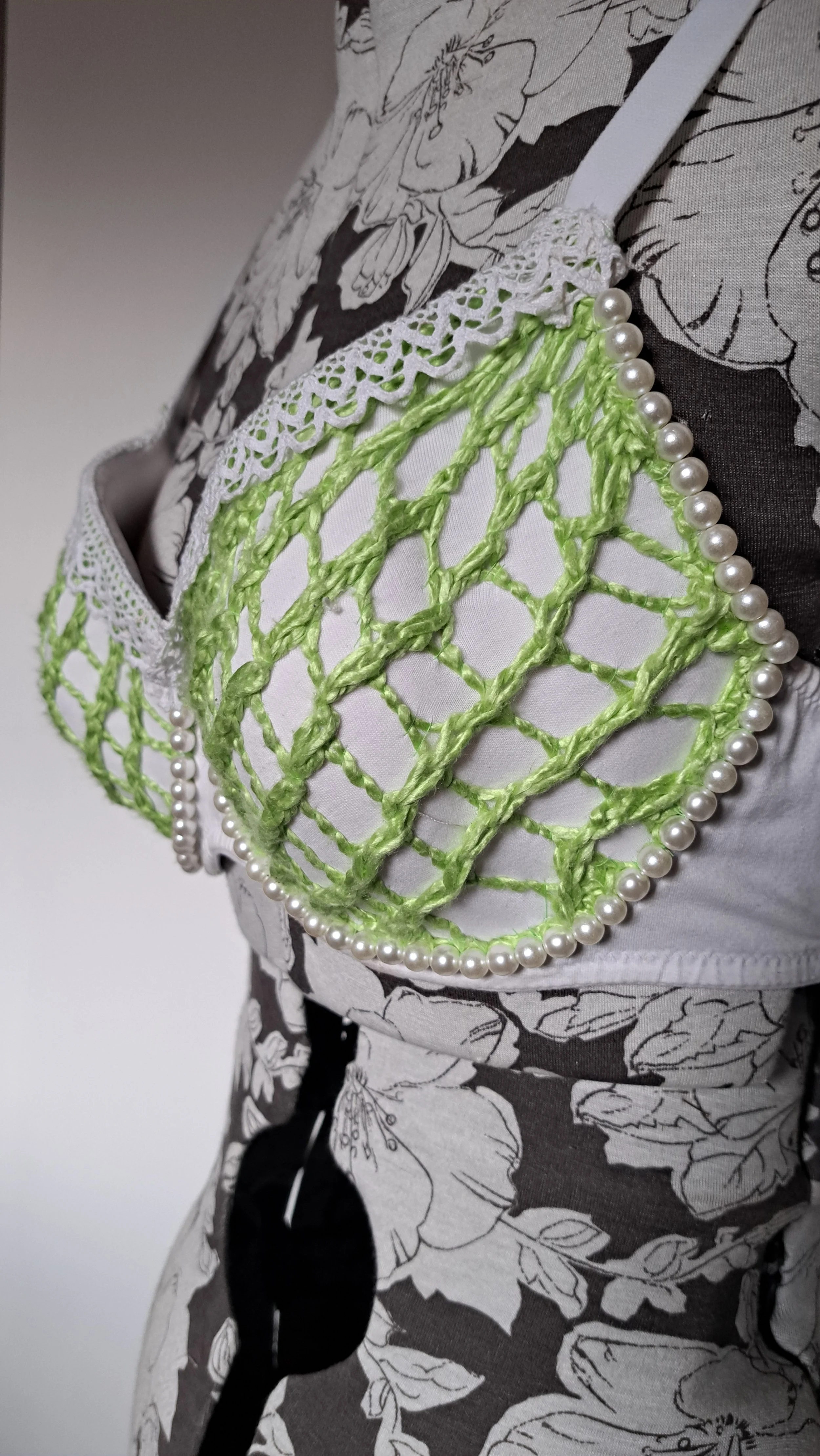 ONE OF ONE - Green Silk Mesh Upcycled Bra with Pearl Beading