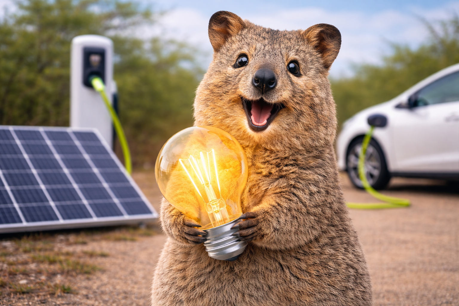 Ein lachendes Bärenbaby hält eine leuchtende Glühbirne in den Pfoten, im Hintergrund sind Solarpanels und eine Elektroauto-Ladestation zu sehen.