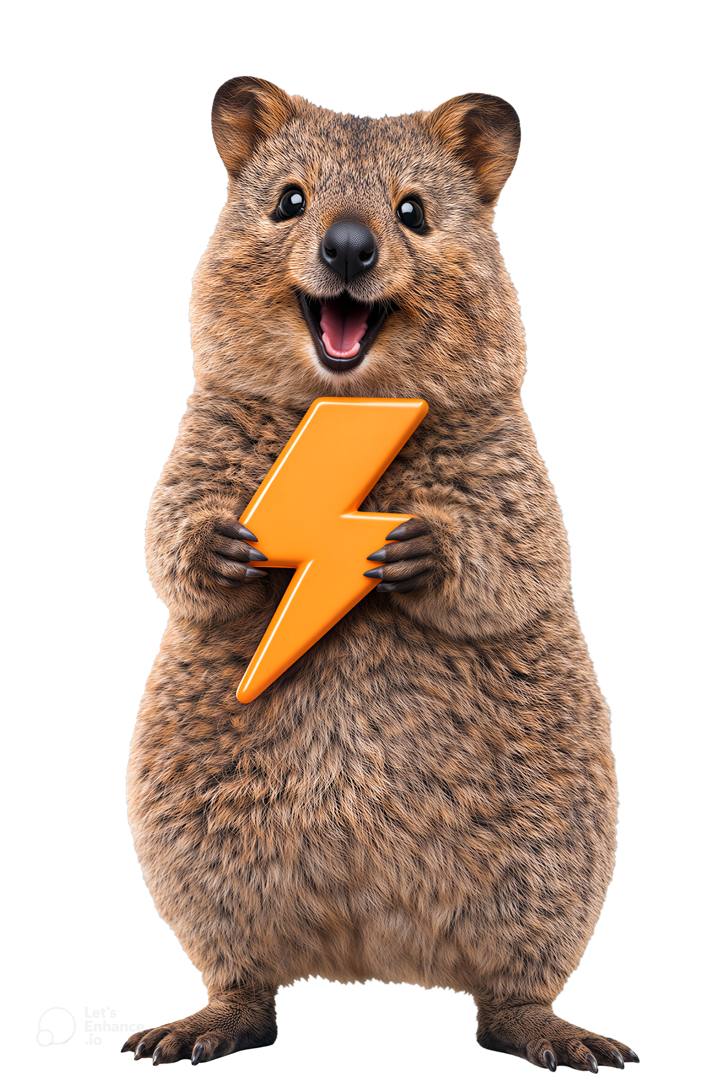 Ein lächelnder Bär hält ein orangefarbenes Blitz-Symbol.