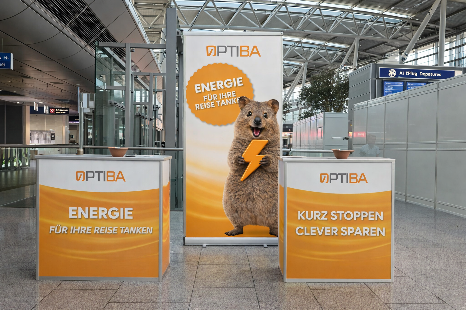 Förderstand auf einem Flughafen, Werbung für Optiba, mit einem Quokka, das einen Blitz und eine Botschaft für Energiesparen hält.