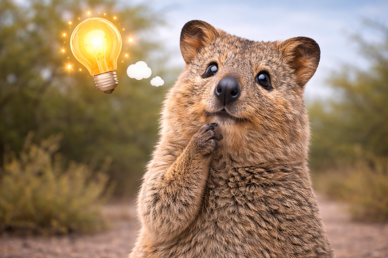 Ein putziger Bär in einer Naturumgebung mit einem leuchtenden Glühbirnen-Symbol in einer Sprechblase neben ihm.