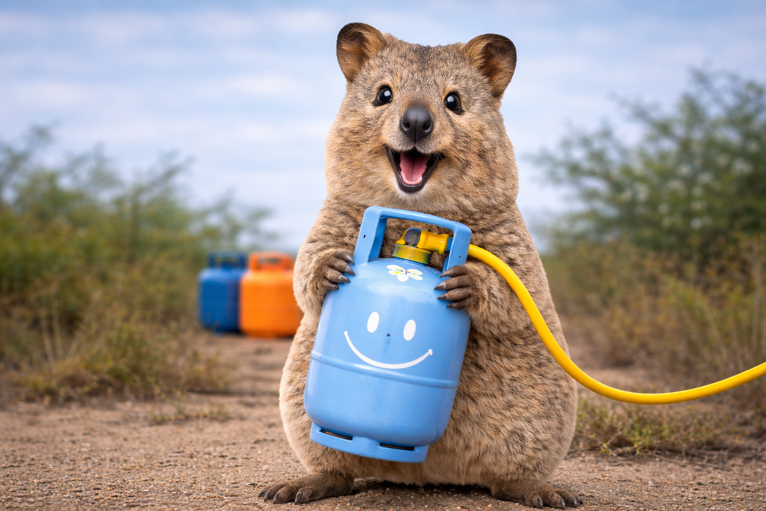 Ein lächelnder Beuteltier, wahrscheinlich ein Quokka, hält eine blaue Gaskartusche mit Smiley-Gesicht in den Vorderpfoten, im Hintergrund mehrere Gaskartuschen und eine Natur-Umgebung.