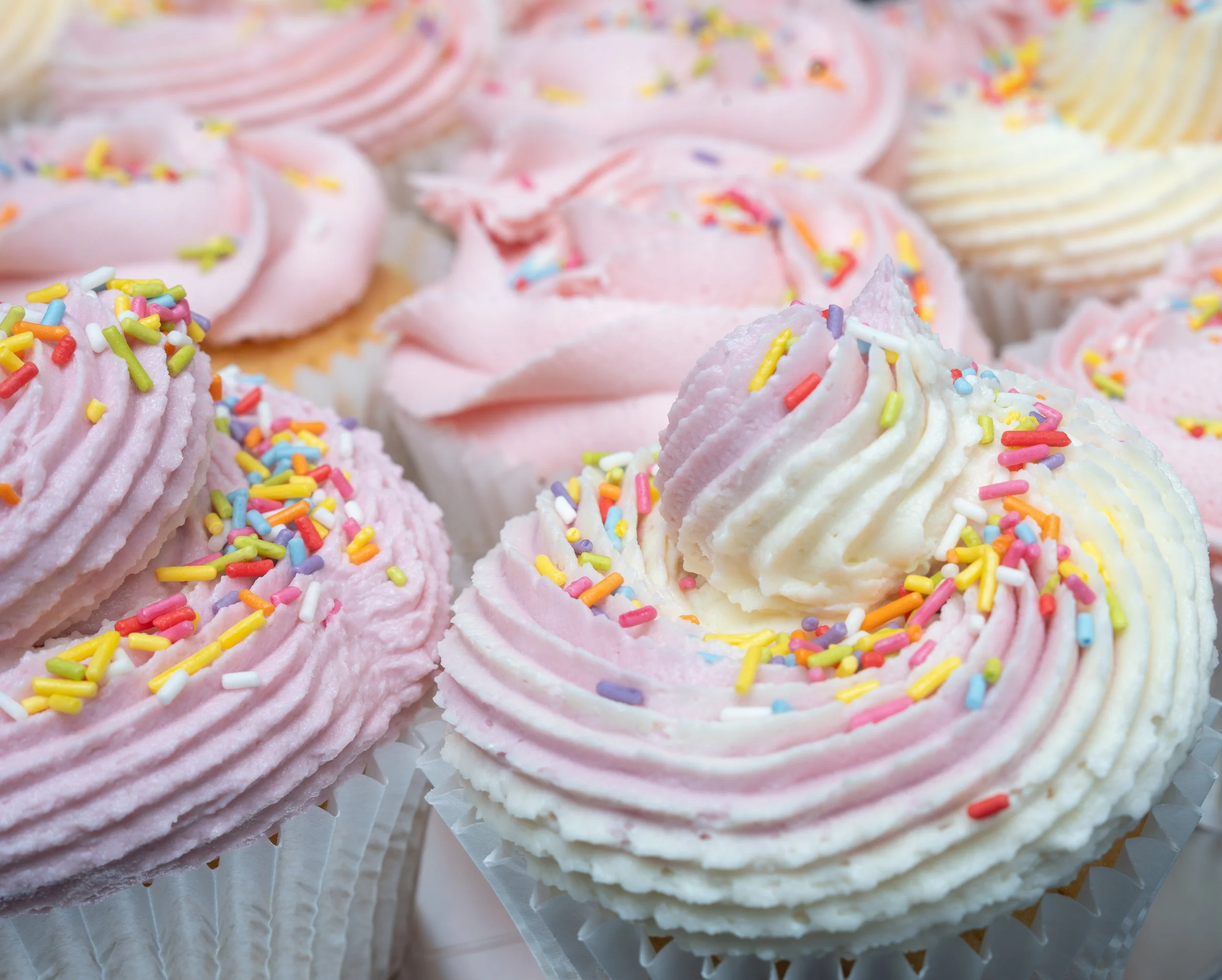Close-up of pink and white frosted cupcakes decorated with colorful sprinkles.