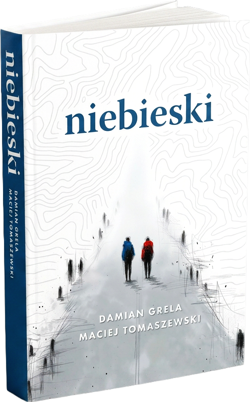 A book titled "Niebieski" by Damian Grela and Maciej Tomaszewski, featuring a road with two people walking, one in a blue jacket and the other in a red jacket, surrounded by sparse trees.
