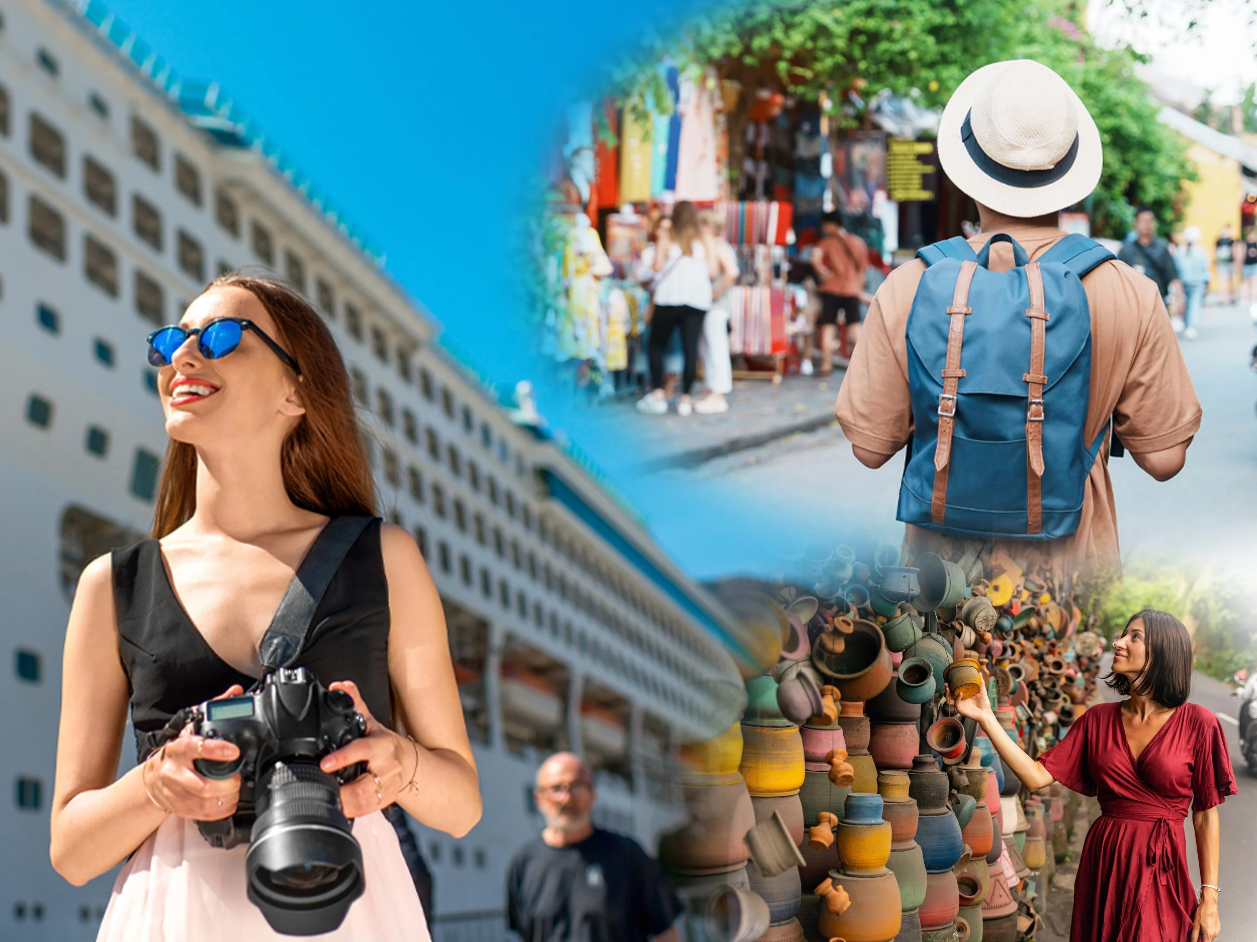 A travel collage featuring a woman with professional camera gear near a cruise ship, a traveler browsing a local boutique, and a man backpacking down a scenic local road.