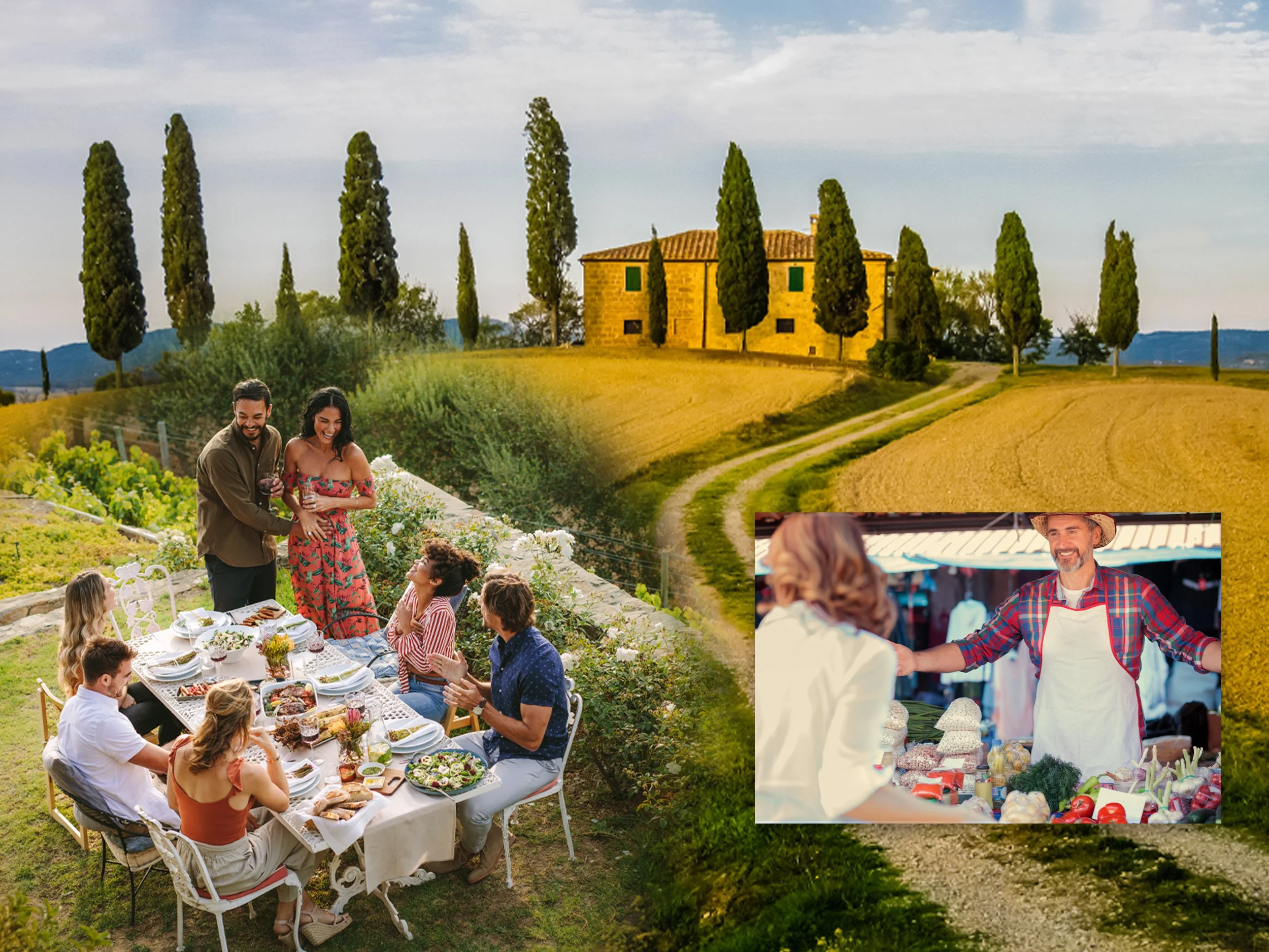 A collage of authentic Tuscan life featuring a historic stone village, a warm gathering of friends and family sharing a meal, and a local woman shopping for fresh produce at an outdoor food market.