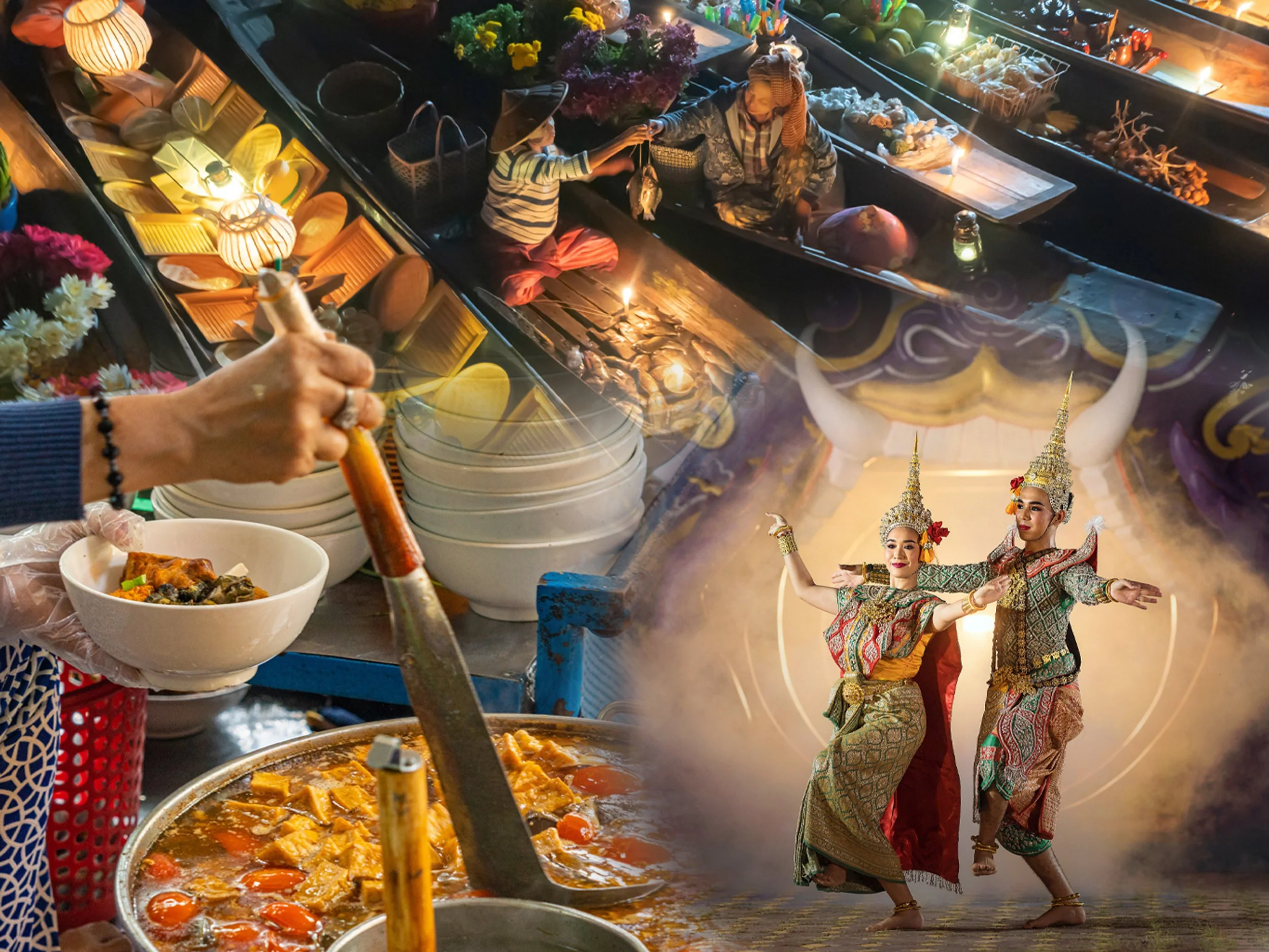 A travel collage of Vietnam featuring a bustling floating boat market, traditional dancers in colorful attire, and authentic local street food, representing a thoughtfully planned cultural journey.