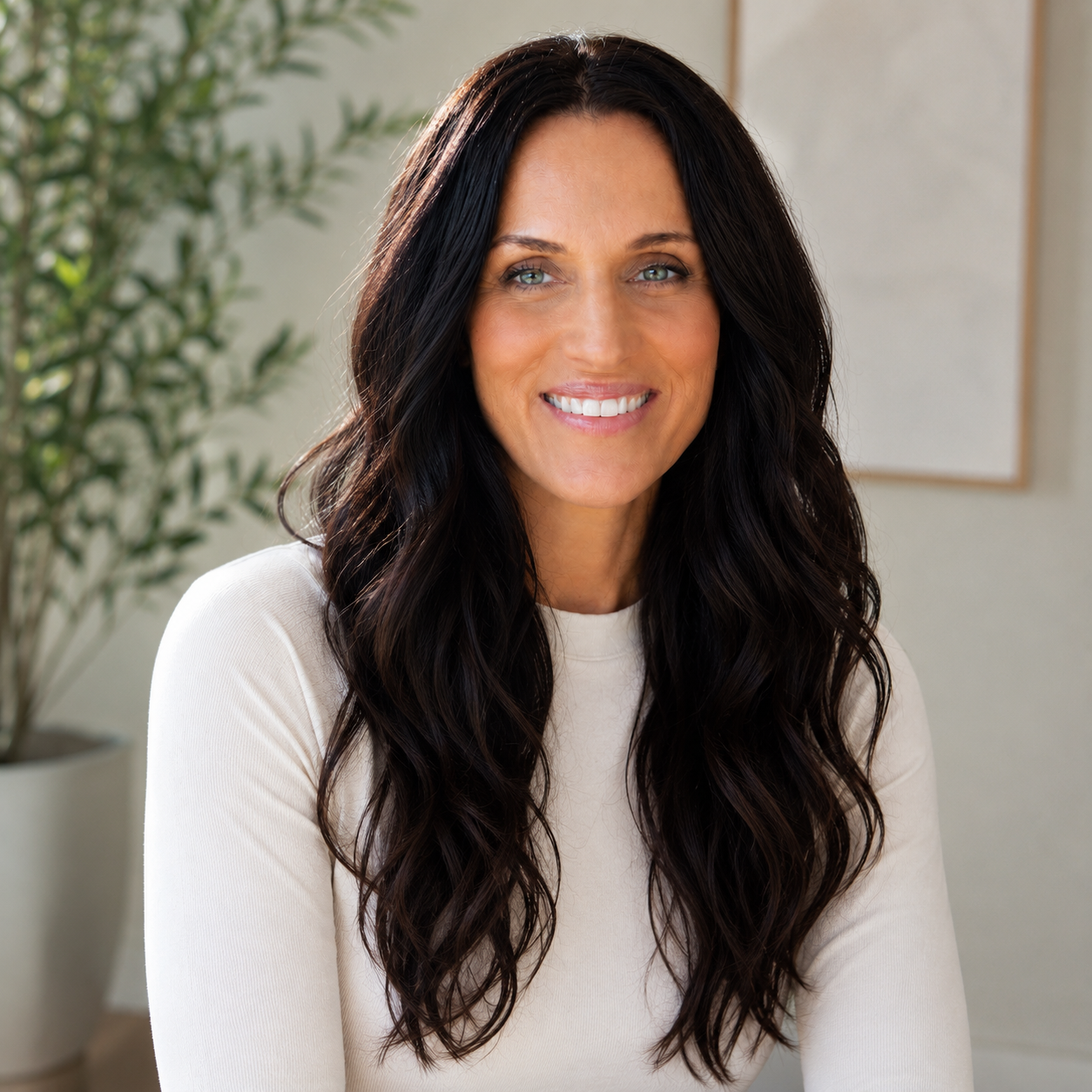 A woman with long dark wavy hair smiling in a bright room with a potted plant in the background.
