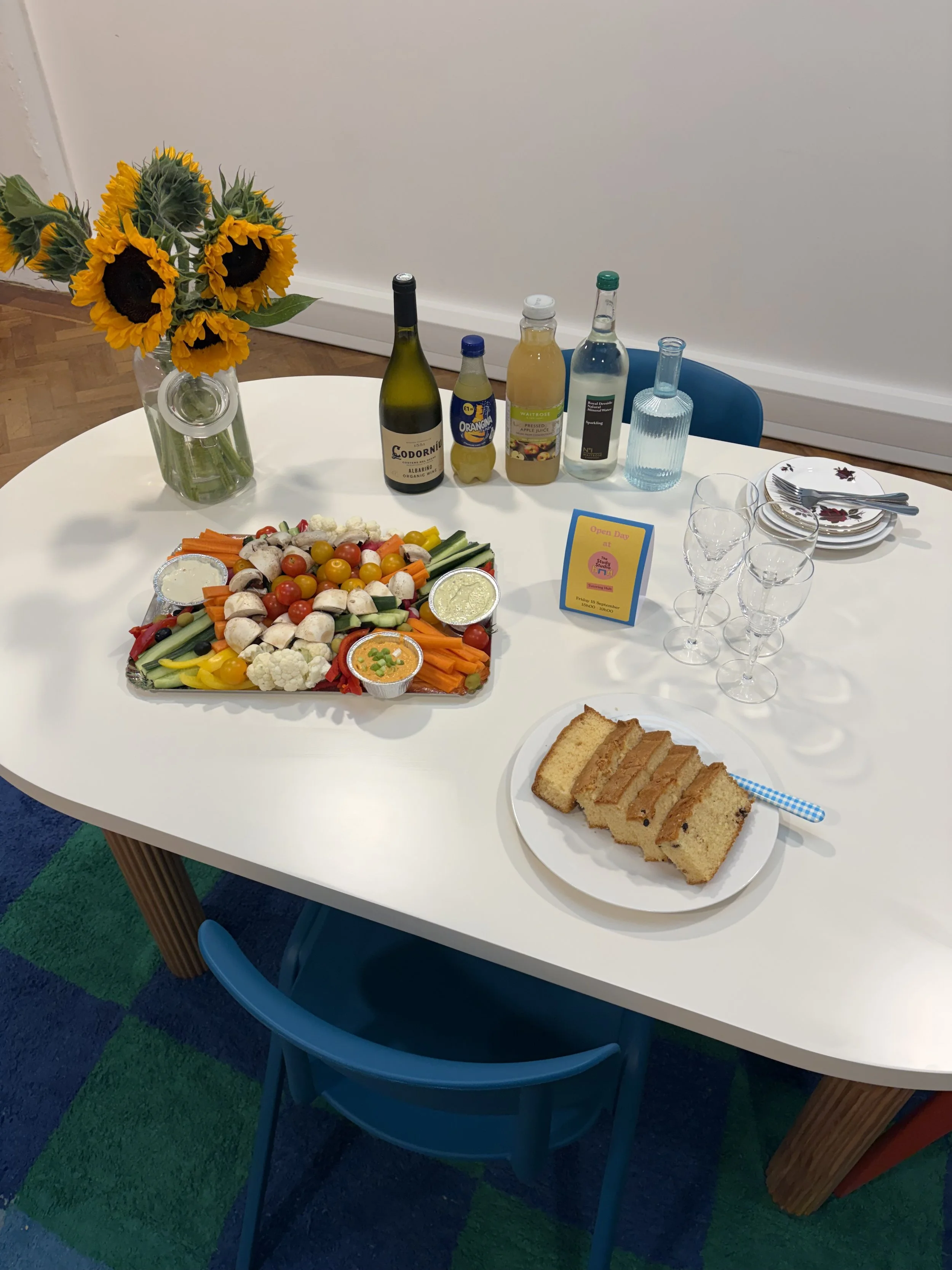 Snacks and drinks laid out for The Study Studio Open Day Aperitif in Parsons Green, Fulham