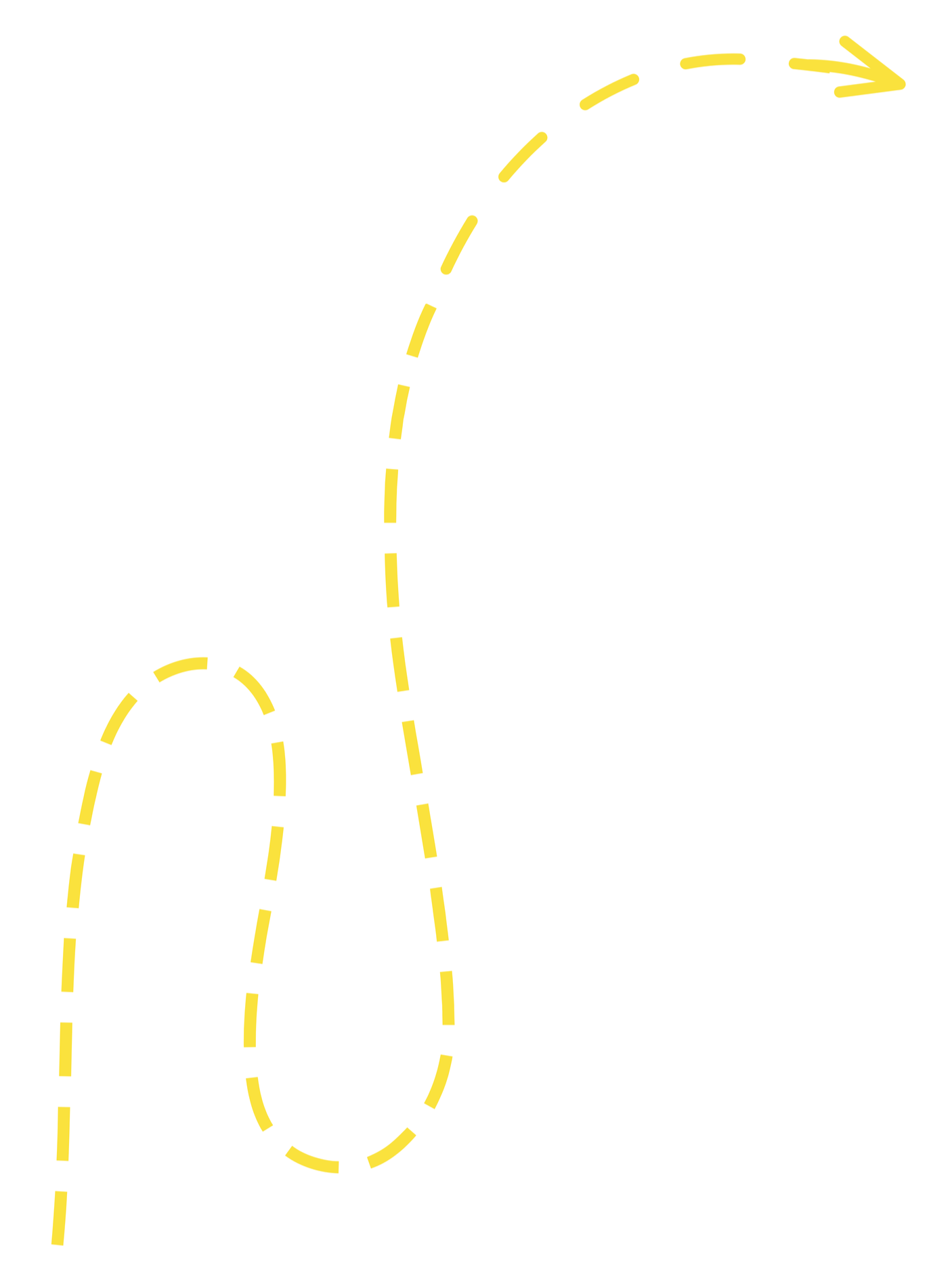 Yellow dashed lines forming paths on a white background, with the top line ending in an arrow pointing to the right.