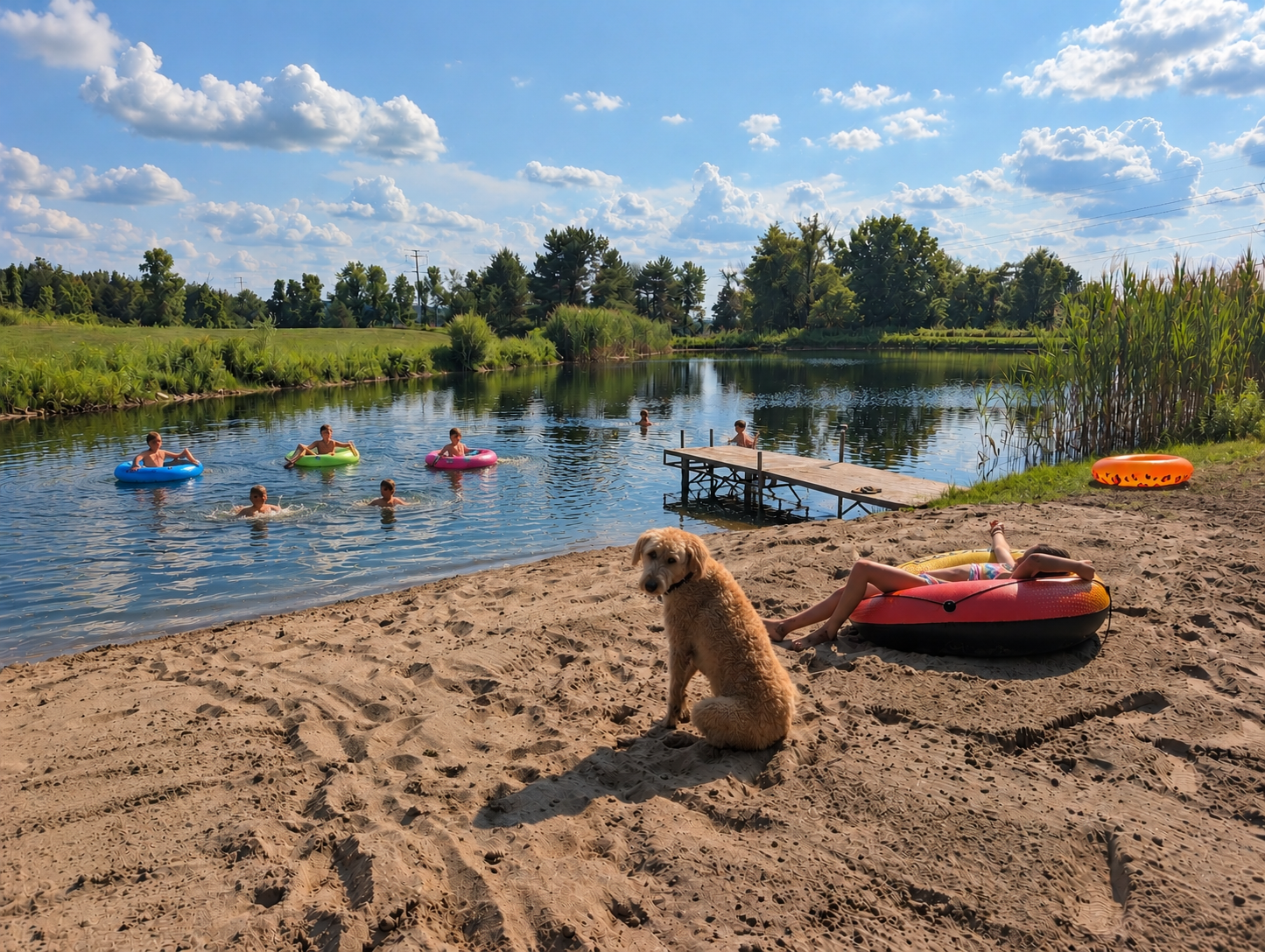 People swimming in a lake with inflatable tubes, surrounded by green trees and grass, on a sunny day. A woman is lying on an inflatable ring on the sandy shore, and a dog is sitting nearby facing the camera.