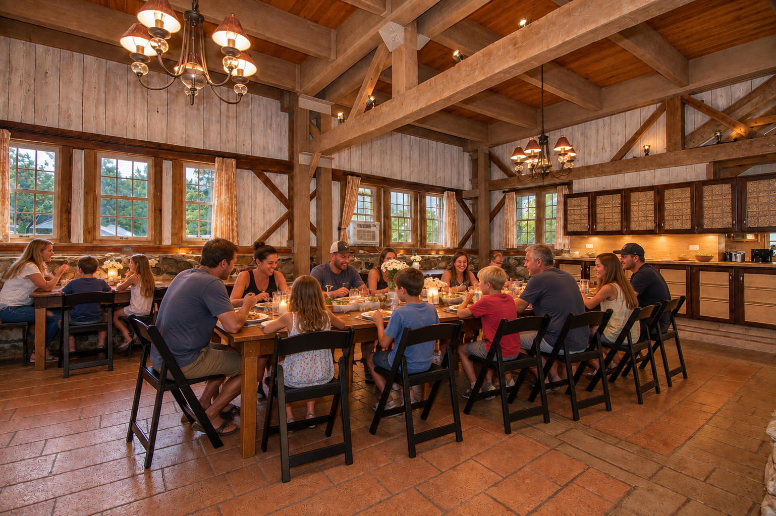 Cooperstown Dreams Park baseball team gathering in a rustic dining room with wooden beams, large windows, and warm lighting, all enjoying a meal together at a long table.