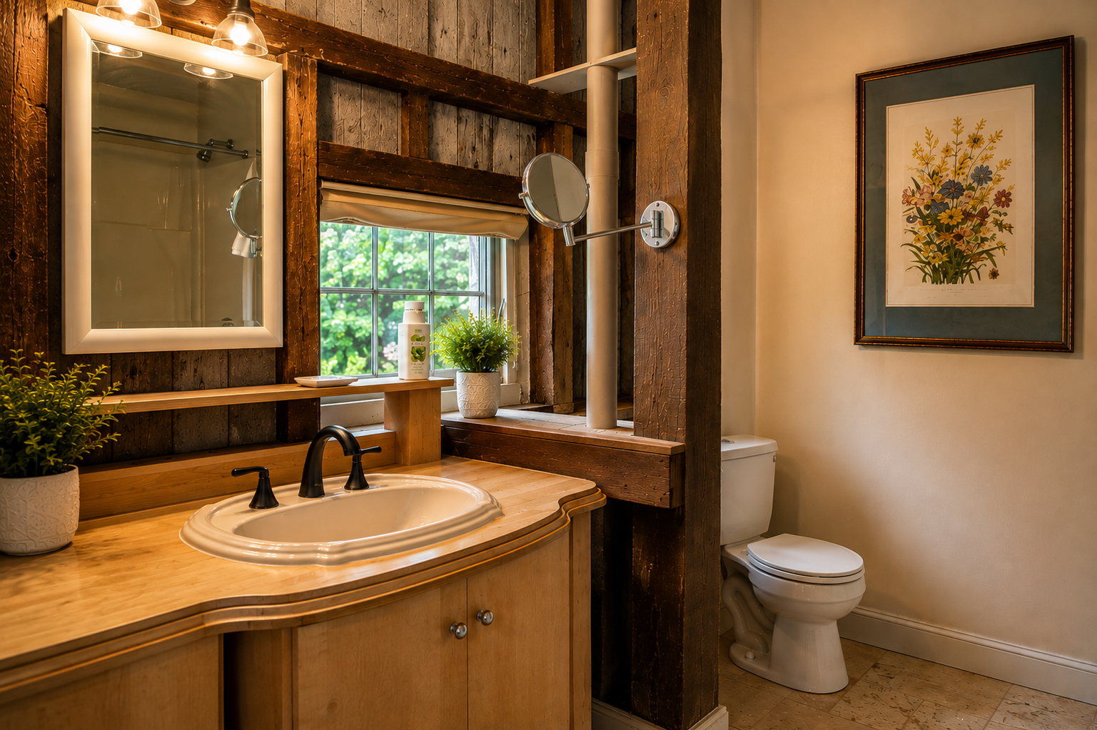 A rustic bathroom featuring a wooden vanity with a cream-colored sink, black faucet, and two potted plants; a window with a rolling shade, a mirror, and a wall mounted magnifying mirror; a toilet; a framed floral artwork on the wall; and a mix of wood and beige walls with natural light coming in.