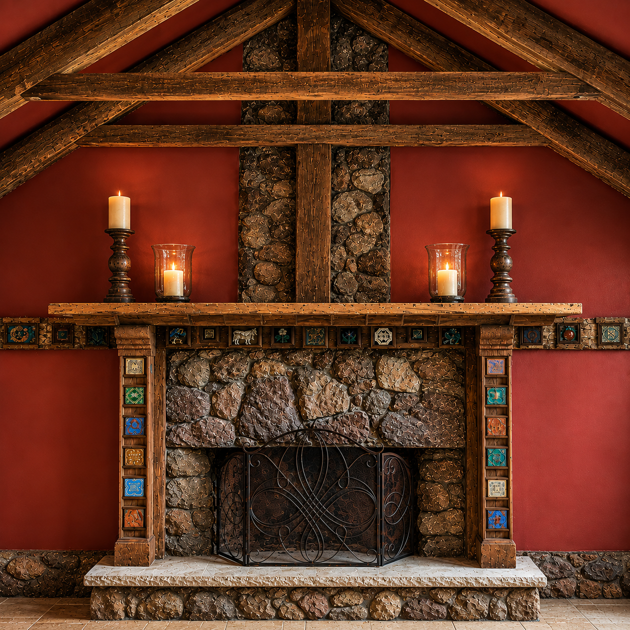 A rustic stone fireplace with a wood mantel decorated with candles and colorful ceramic tiles on the sides, set against a red painted wall under a wooden beam ceiling.
