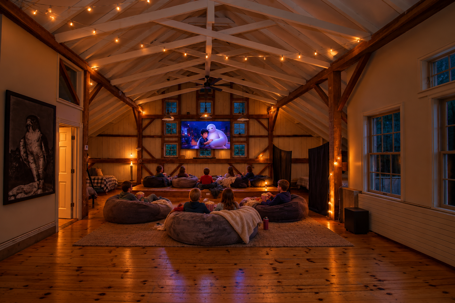People watching movies in a rustic, wood-paneled home theater with string lights, bean bag chairs, and a large screen.
