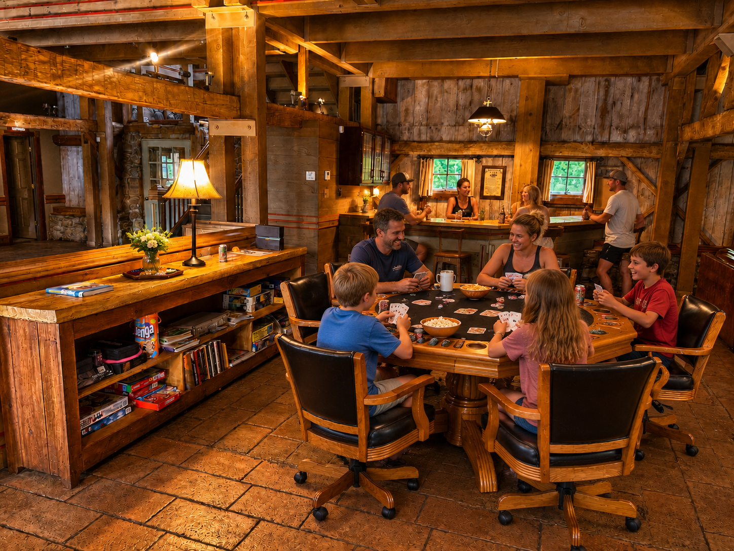 Family playing cards at a wooden dining table in a cozy, rustic wood-paneled room with warm lighting.