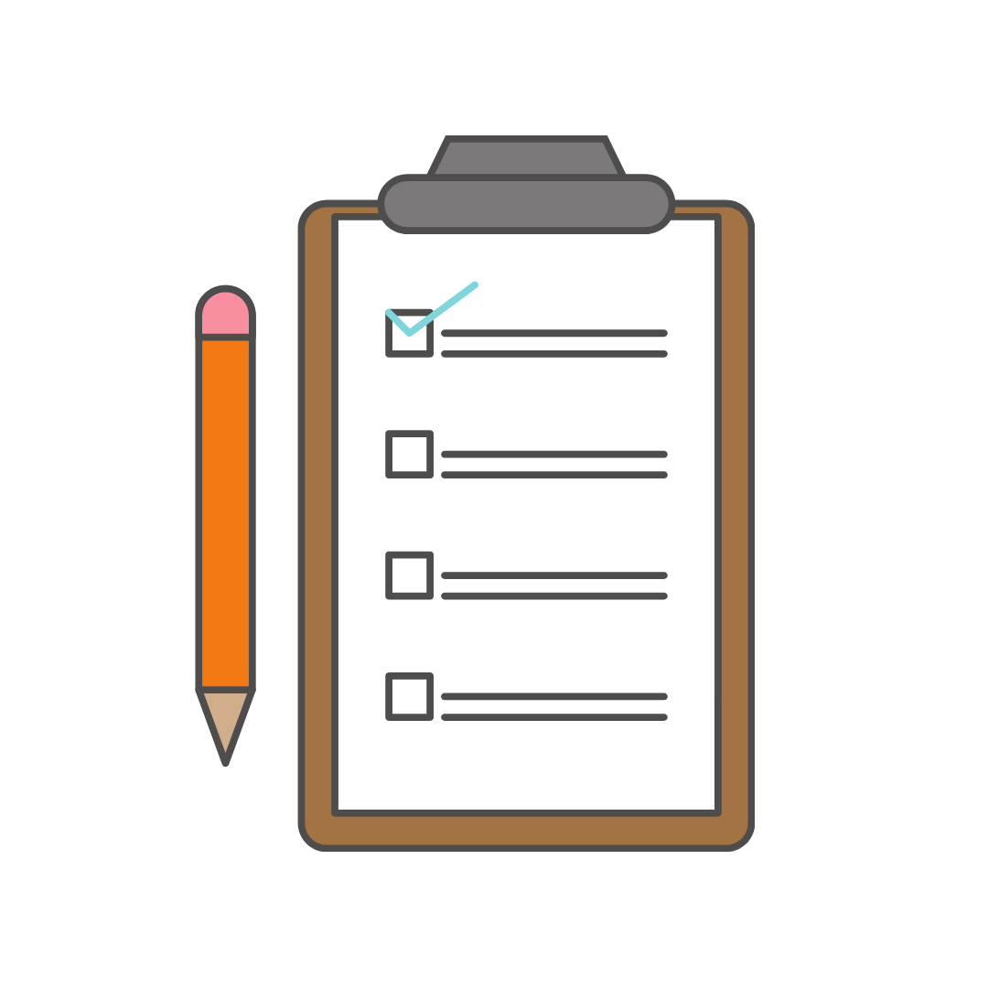 A checklist on a clipboard with four items, with the first item checked off, and a pencil beside it.