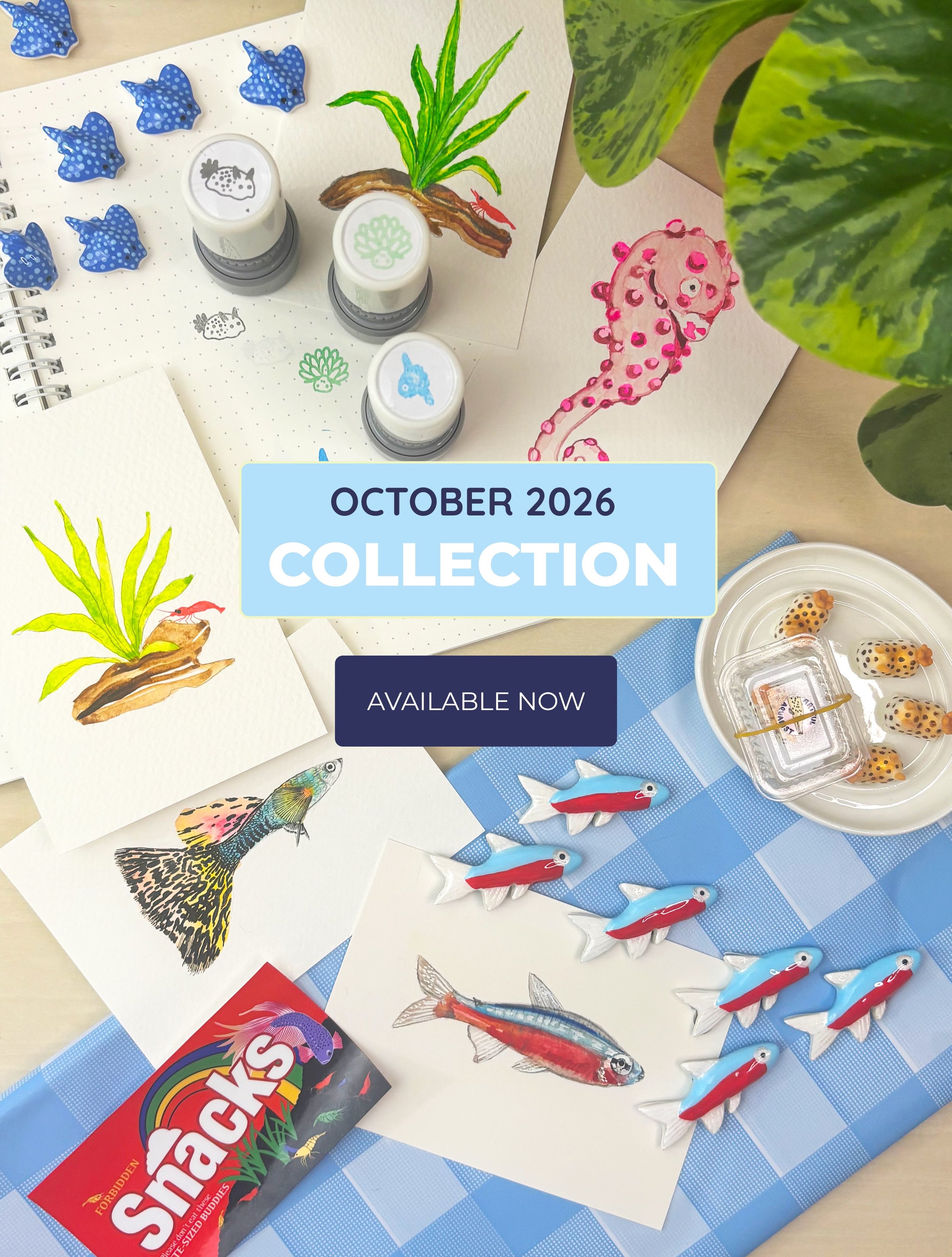 The October 2026 Collection is HERE! Welcome to the Aquatic Miniverse, a tiny world of aquatic-inspired treasures! 🐟🦐
This month&rsquo;s collection features mini fridge magnets, postcard-sized original artworks, self-inking ocean animal stamps, tin