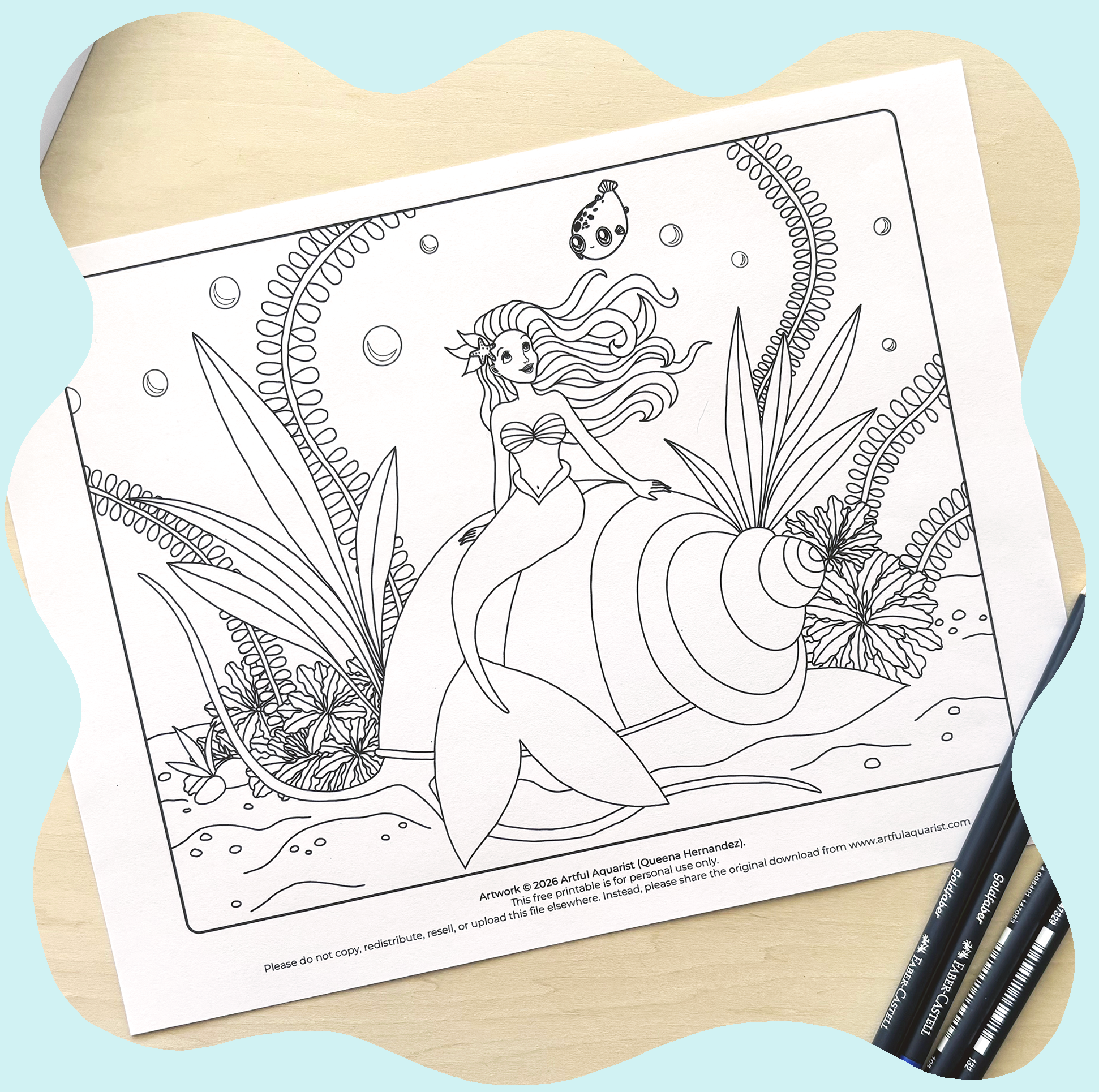 Black and white coloring page featuring a mermaid sitting on a large shell with plants and bubbles in the background.