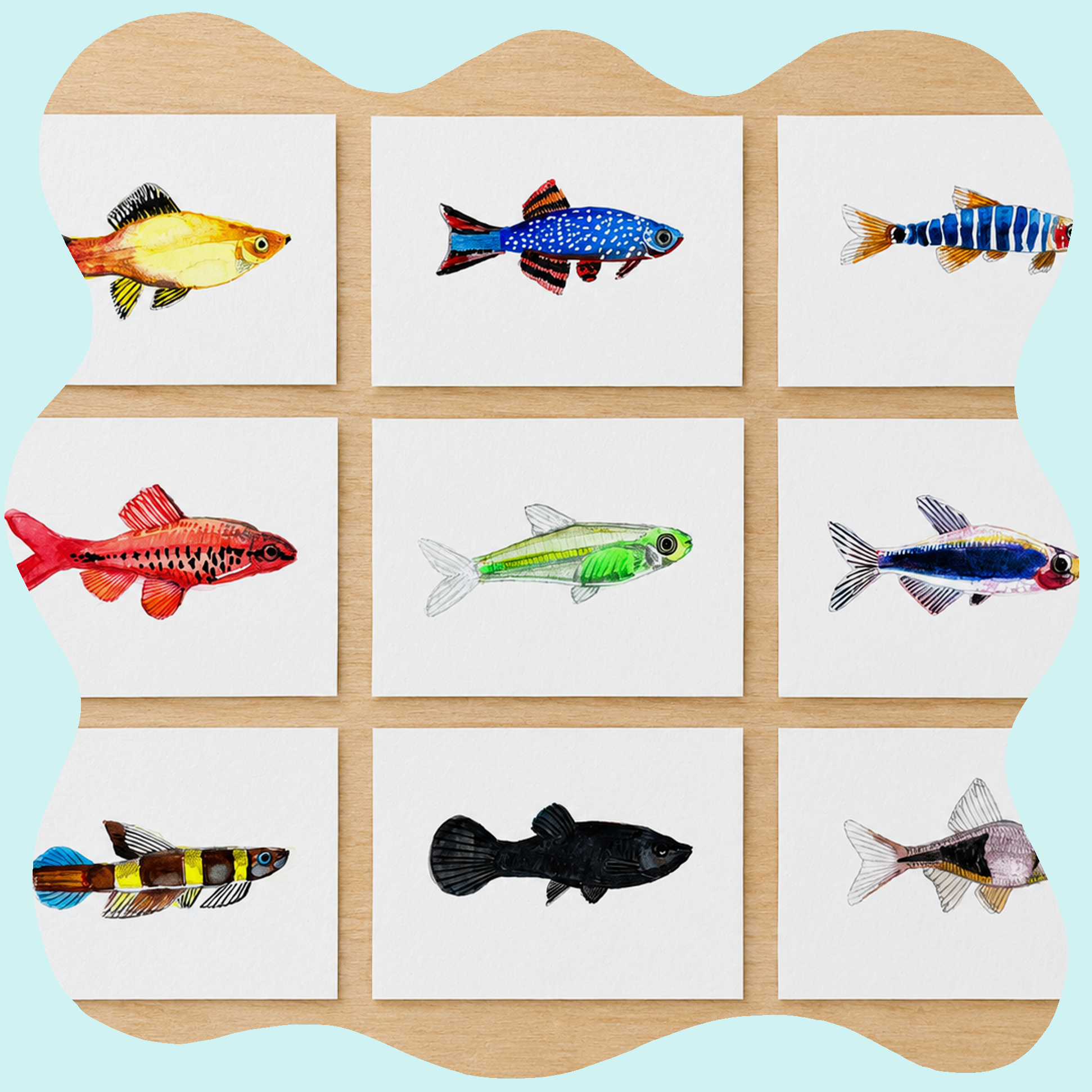 Nine illustrated fish cards arranged on a wooden surface.