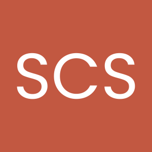 Logo with white letters "SCS" on a brown background.