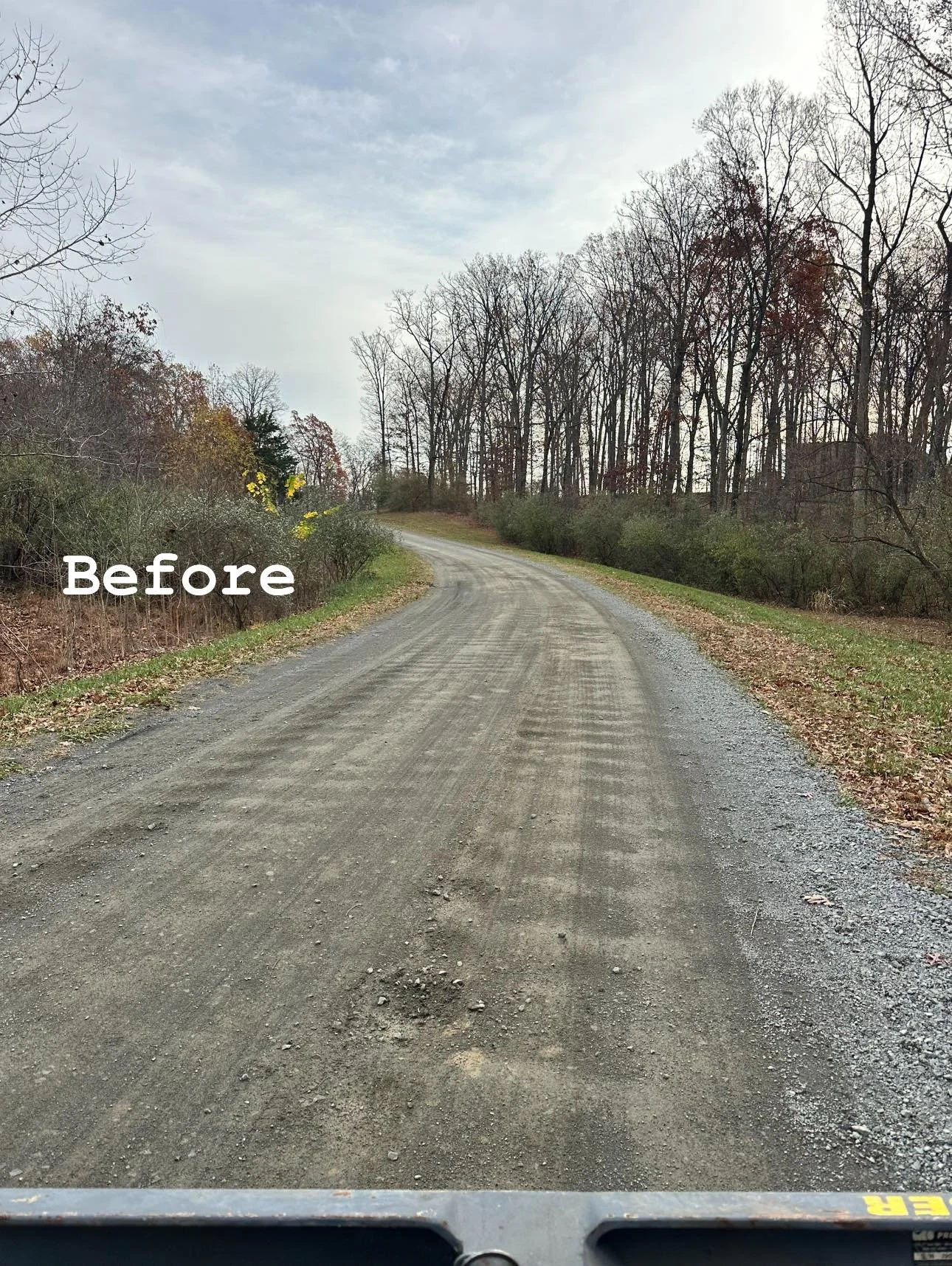 A rural dirt road curves to the left, surrounded by leafless trees and bushes on a cloudy day, with the word 'Before' written on the left side of the image.