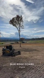 A lone tree in a field with a mower parked nearby, under a partly cloudy sky. The location is Blue Ridge Downs, Virginia.