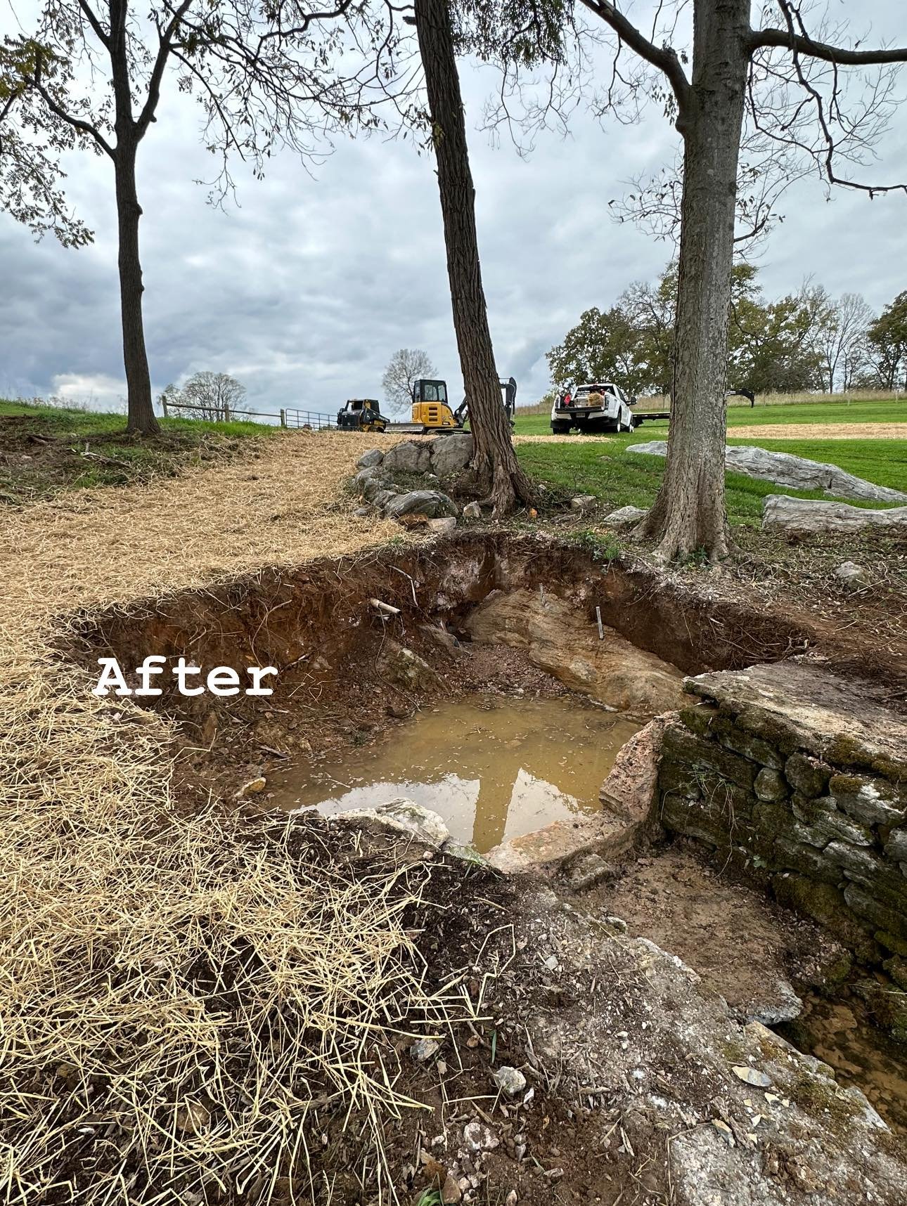 A recently excavated area with exposed rocks and soil, a small water pool, and trees, with construction equipment and vehicles in the background on a cloudy day.
