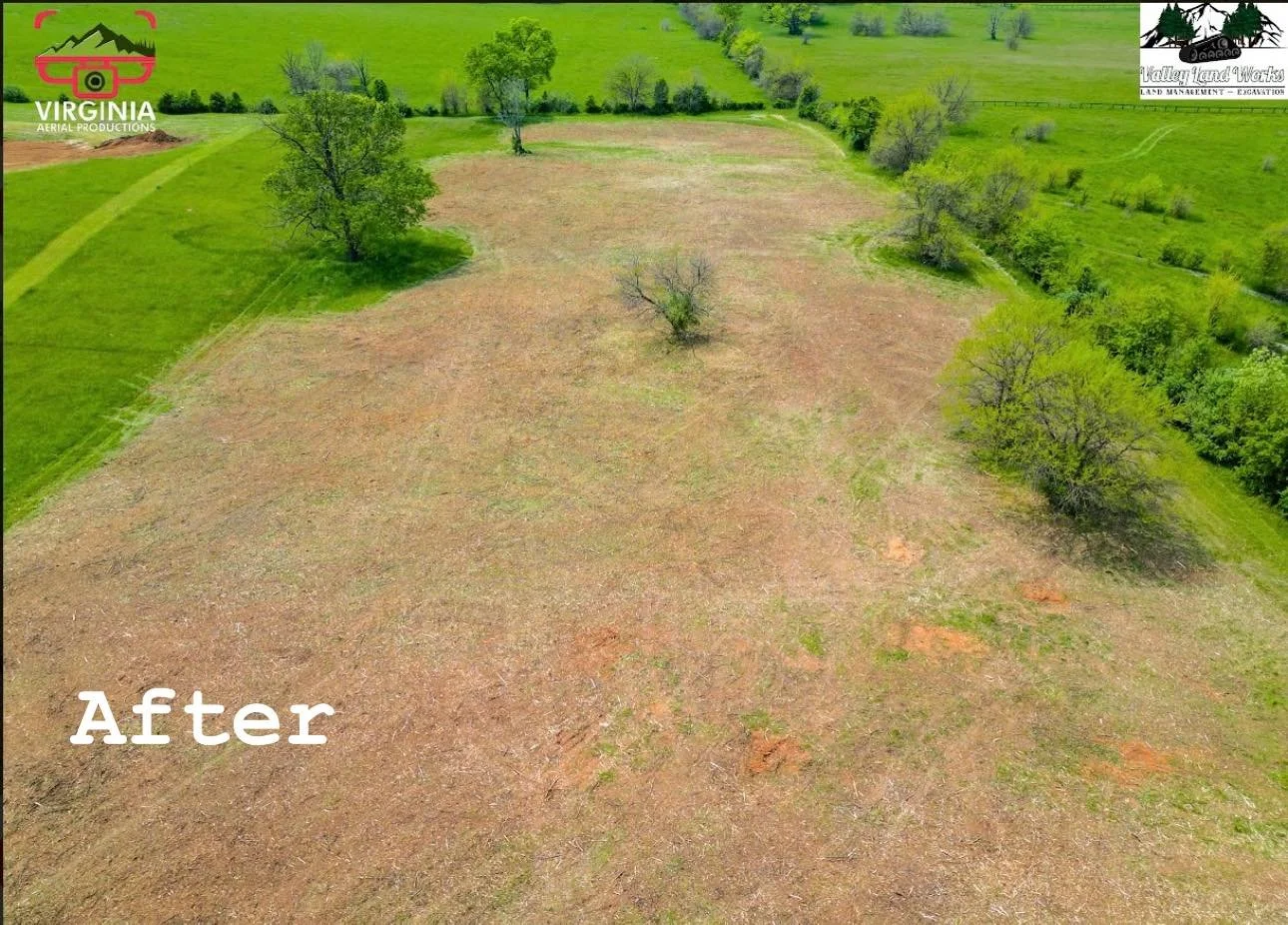 A cleared plot of land with a few scattered trees, surrounded by green grassy areas and fields, with logos of Virginia Aerial Productions and Valley Land Works in the top corners.
