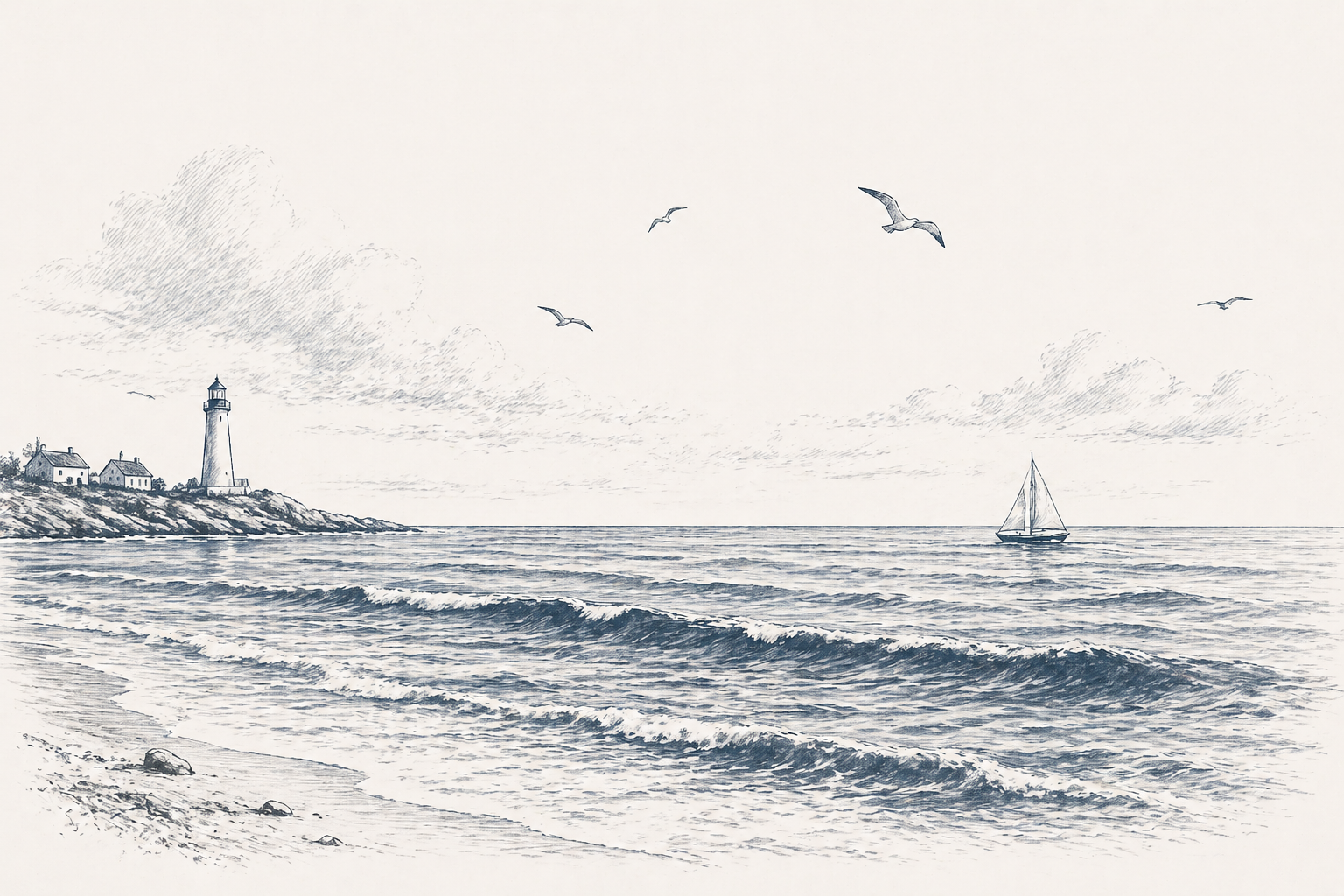 Black and white sketch of a seaside scene with a lighthouse, houses, seagulls flying, a sailboat on the water, and waves near the shore.