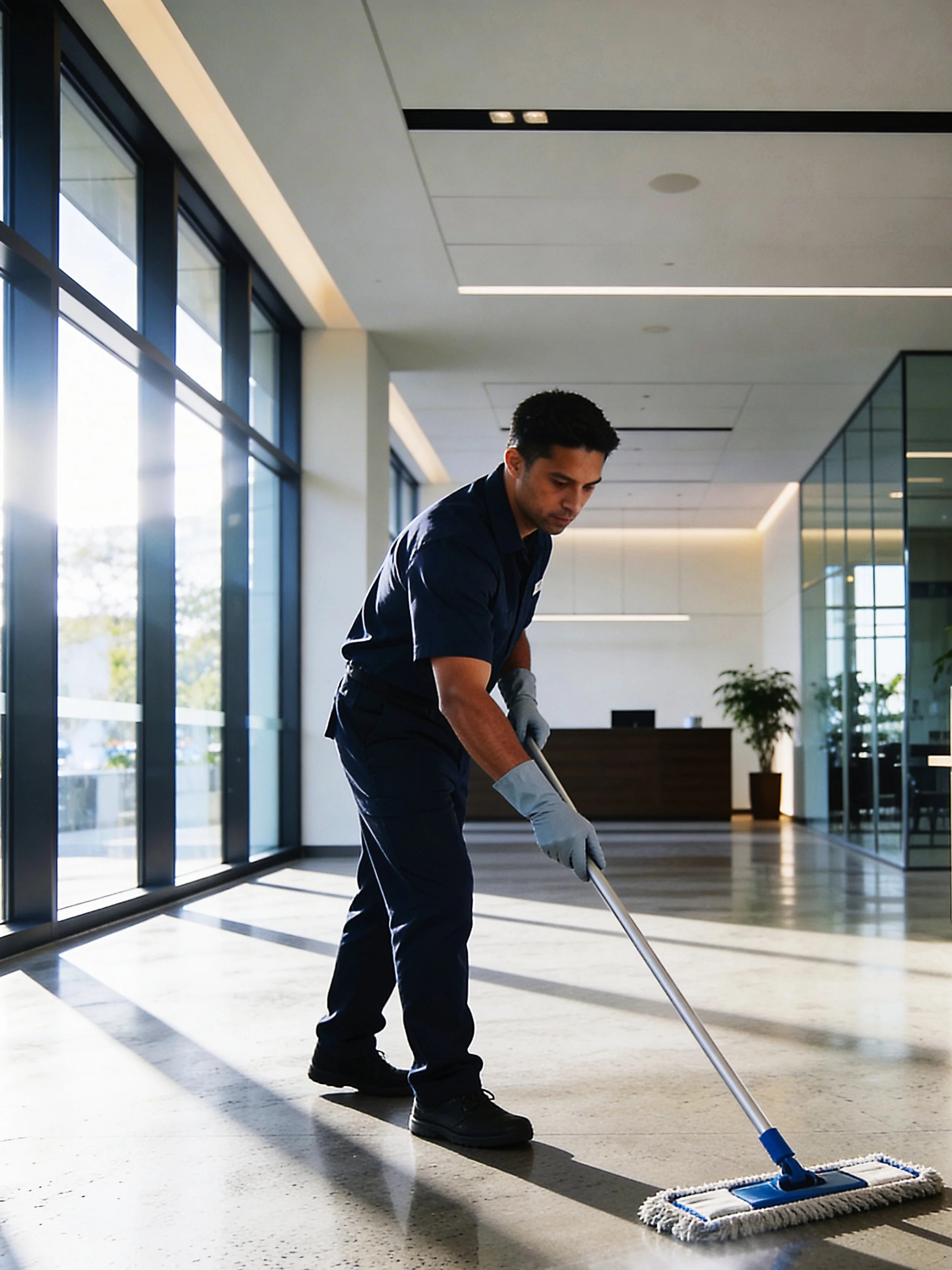 Cleaner mopping office floor area
