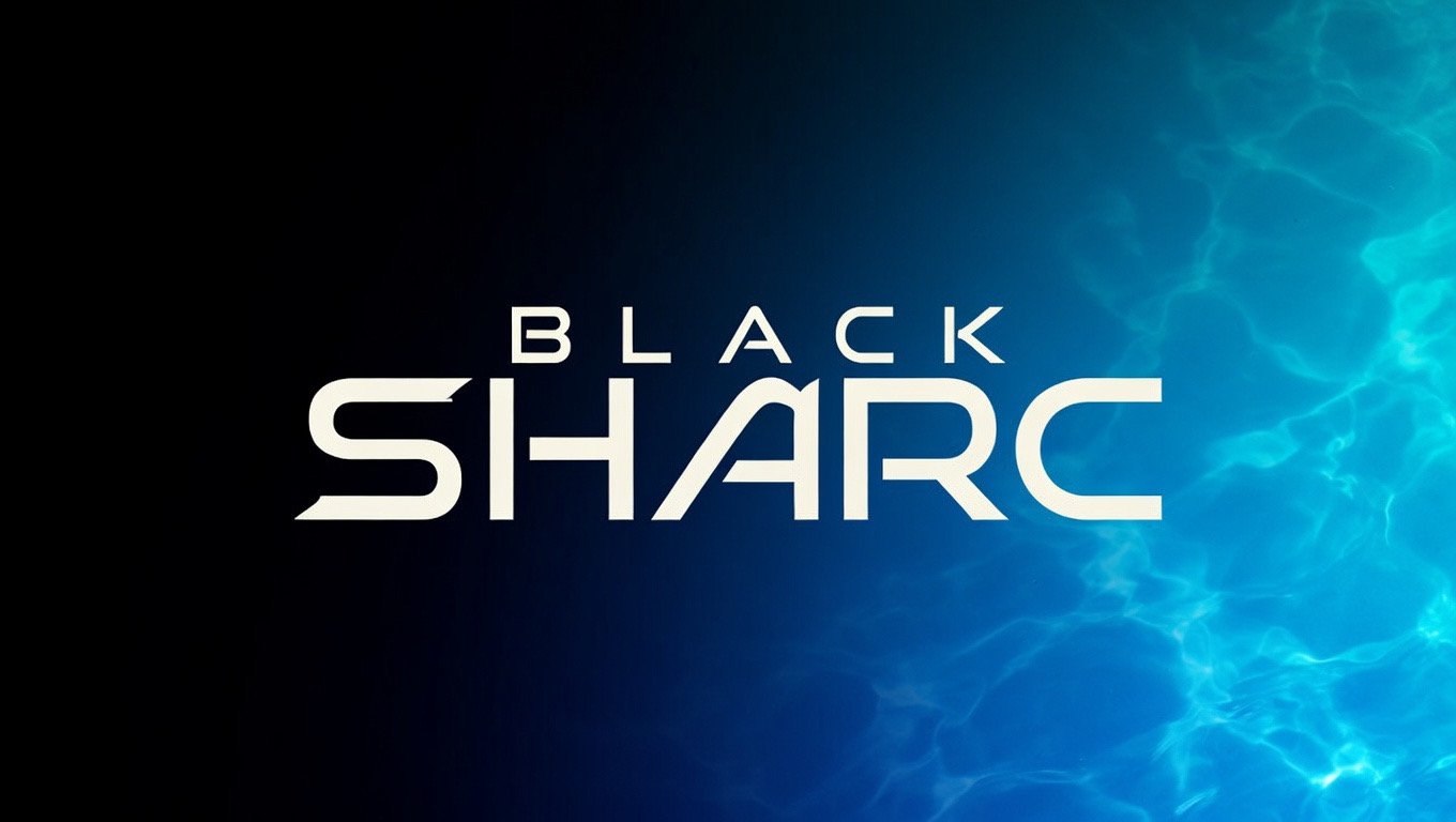 The logo for Black Shark features the words 'Black Shark' in white stylized font, with a gradient background transitioning from black to blue with light streaks.
