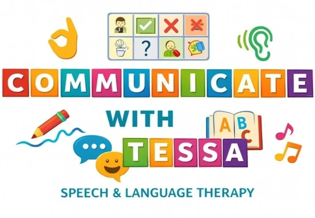 Colorful logo with the words 'Communicate with Tessa' and symbols representing speech, music, and learning, promoting speech and language therapy.