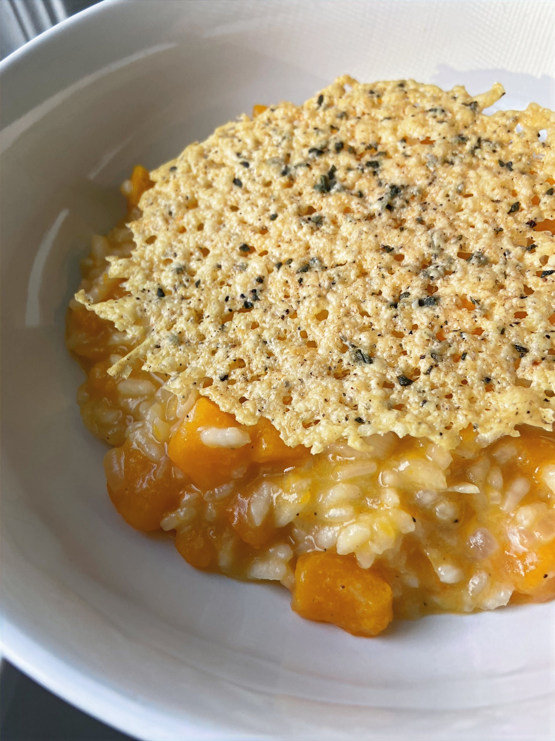 one-pan butternut squash risotto with parmesan sage crisps