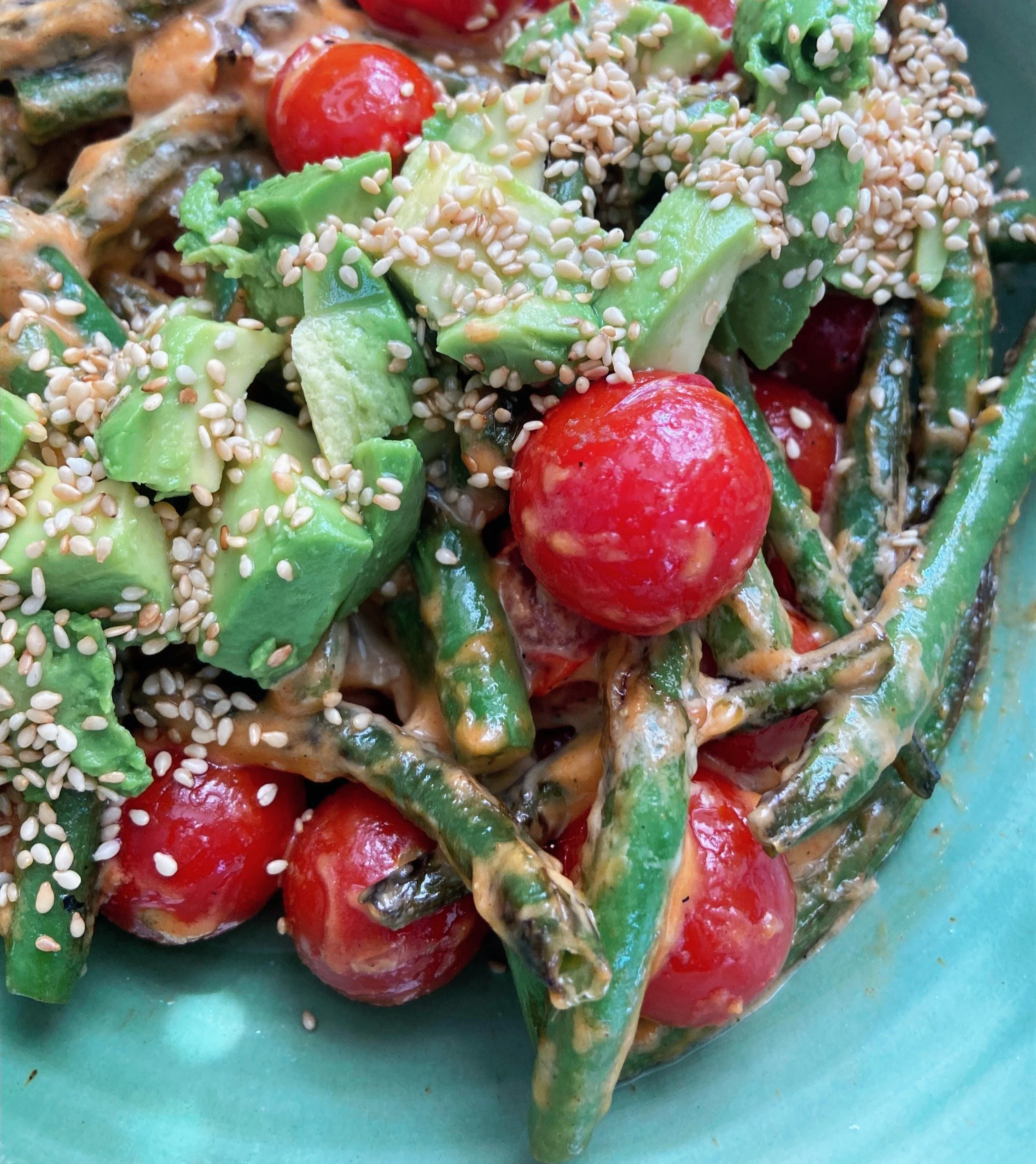 blistered green beans and tomatoes with sweet &amp; spicy sesame sauce