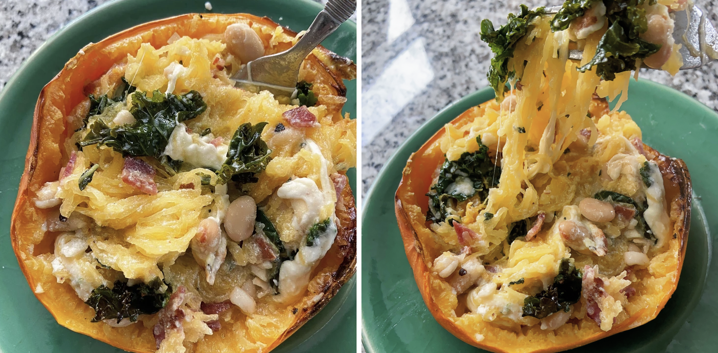 Spaghetti squash halves filled with beans, kale, bacon, and cheese
