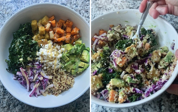 quinoa grain bowl with sweet potato, crispy tofu, kale, cabbage slaw, avocado, feta, and a honey dijon dressing