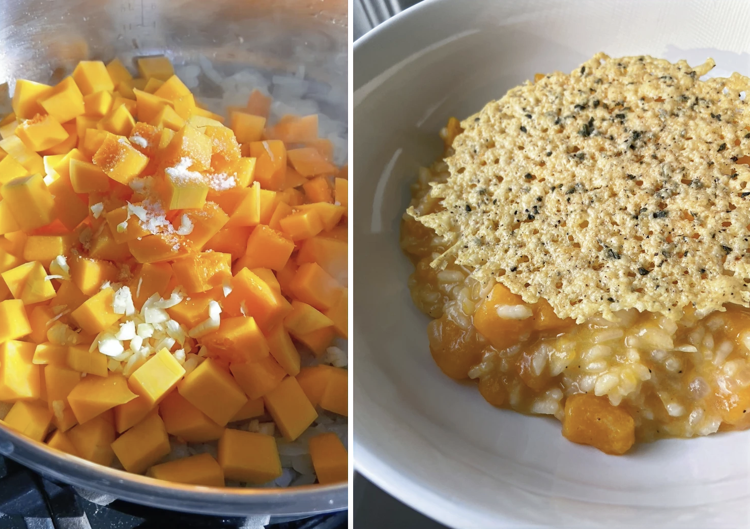 split image of butternut squash cubes cooking in a pan and a bowl of butternut squash risotto topped with a parmesan sage crisp