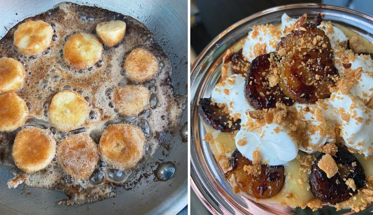 Bananas caramelizing in a pan and a glass containing vanilla pudding, graham cracker crumbs, caramelized bananas, and whipped cream