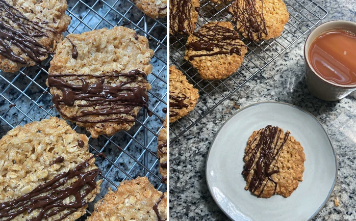 crispy oat cookies drizzled with salted chocolate