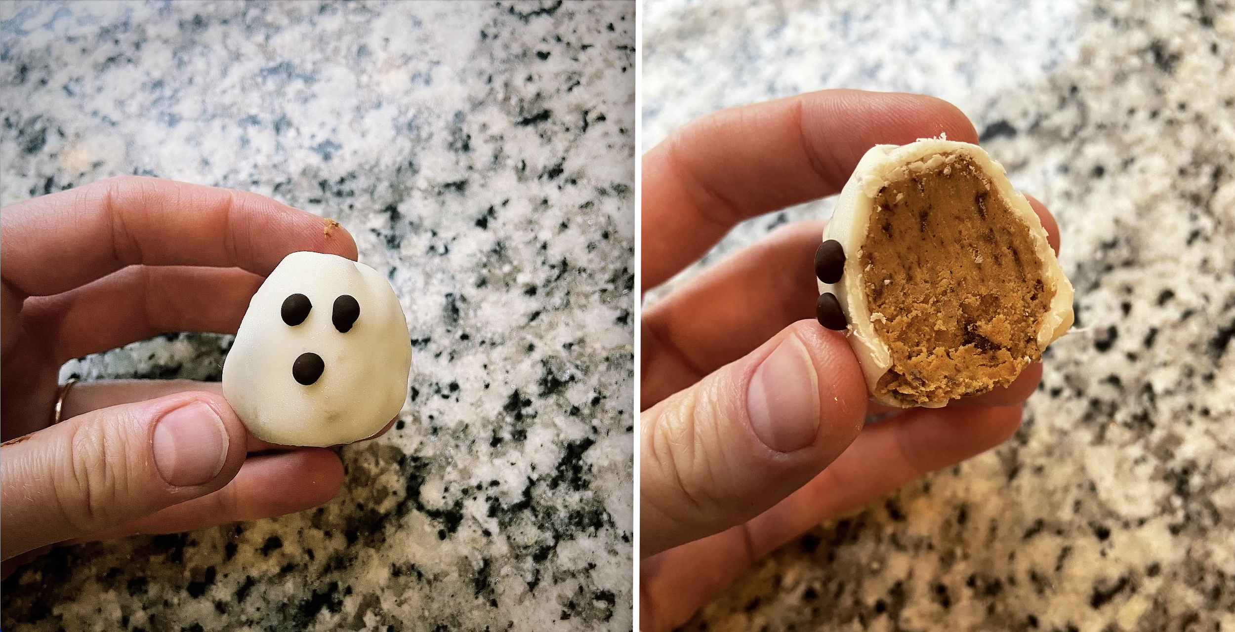 hand holding cute halloween ghost confection and hand holding the same ghost bit in half to reveal pumpkin chocolate cheesecake interior