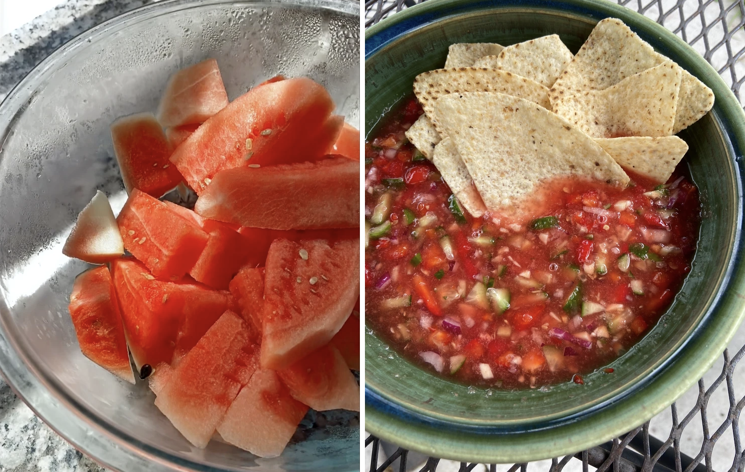A bowl of watermelon slices next to a bowl of watermelon gazpacho salsa and tortilla chips