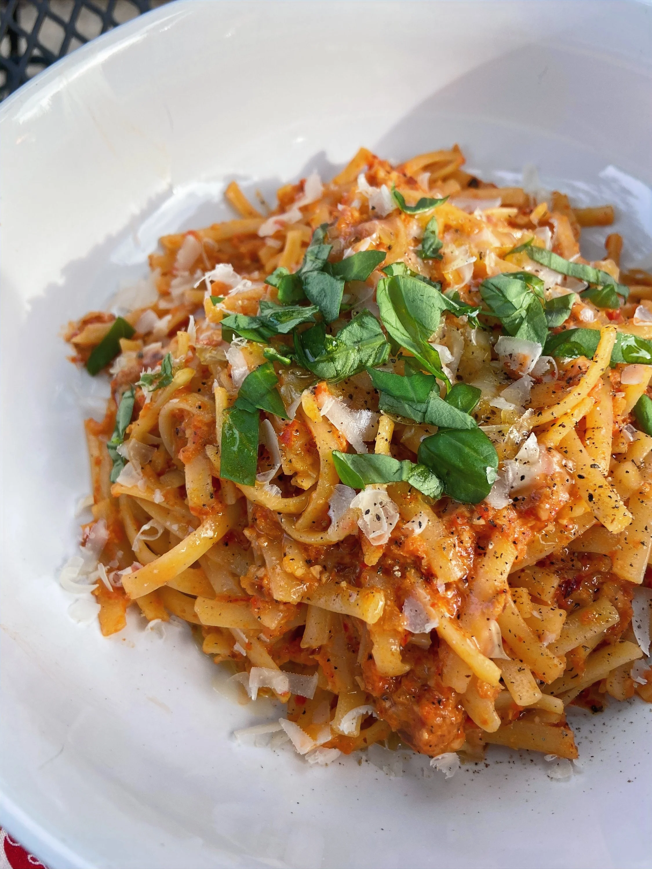 grilled red pepper pasta with parmesan &amp; fresh basil