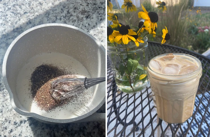 split image of a saucepan of milk and chai spices and a glass of iced oat milk maple chai latte